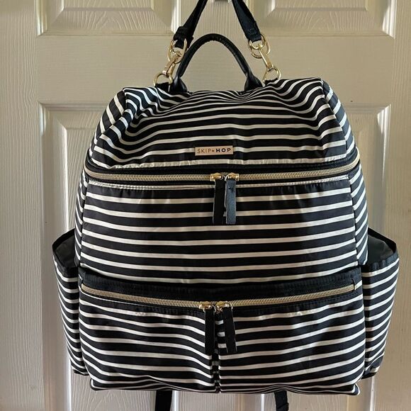 SKIP HOP FLATIRON DIAPER BACKPACK BLACK-WHITE STRIPES gold tone hardwares. - Picture 1 of 13